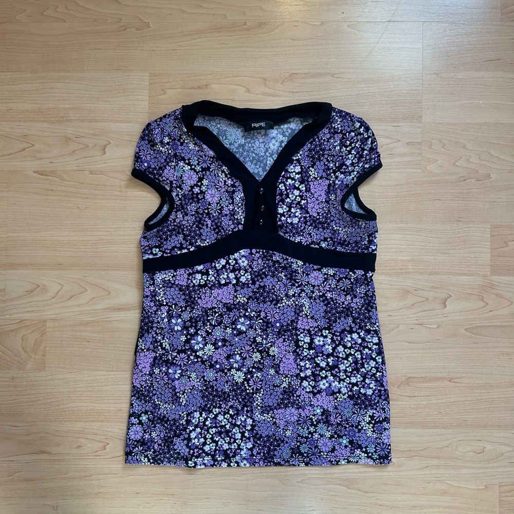 Ripe Purple Floral Cap-Sleeve Top with Black Trim